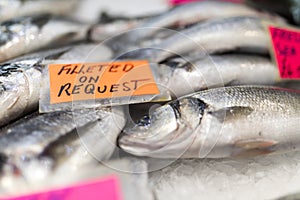 Close up of sea bass spread over ice on a fish mongerÃ¢â¬â¢s market